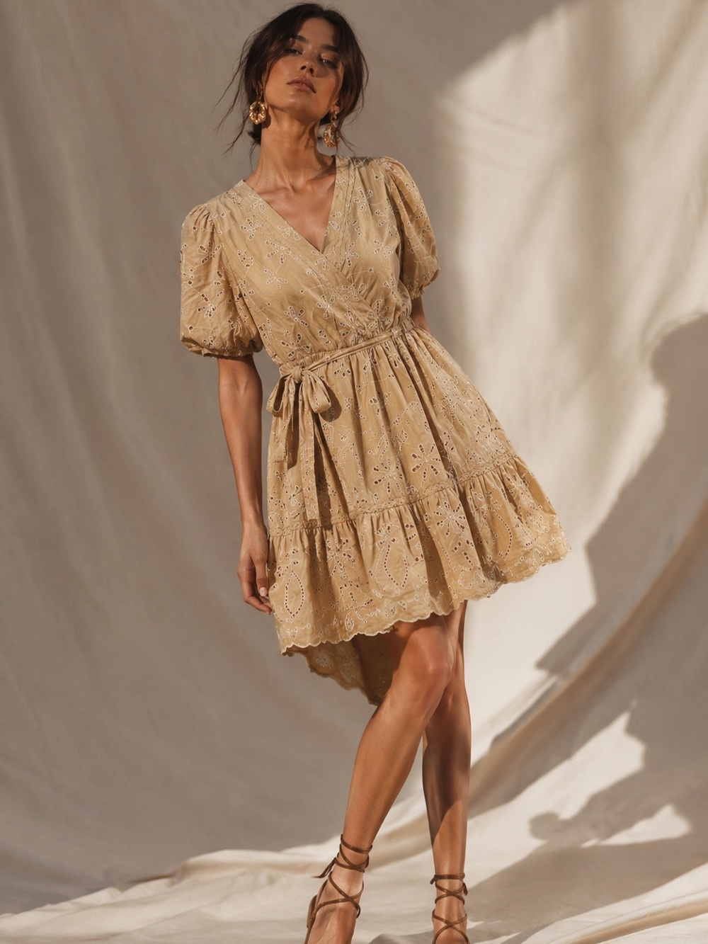 Ralph Lauren Tan Eyelet Wrap Midi Dress